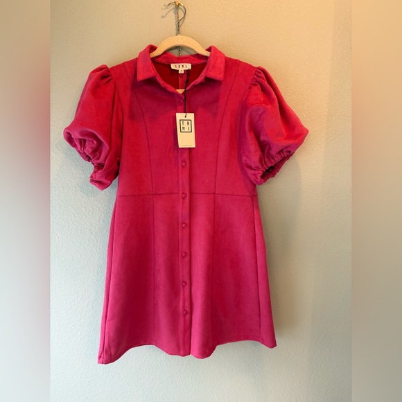 NWT THML Pink Suede Puff Sleeve Collared Button A-Line Dress M - Picture 3 of 6
